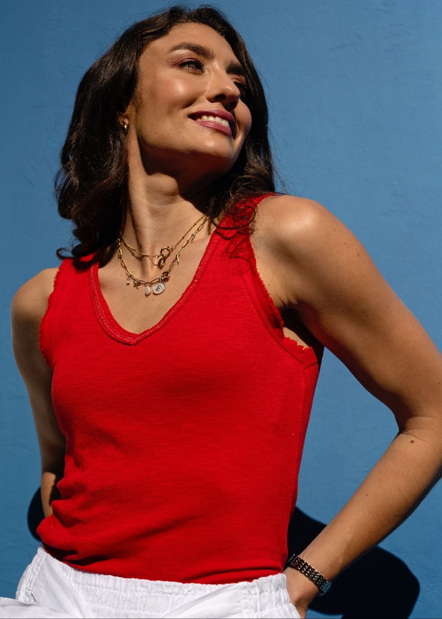 Luno Shimmer Rib Tank Top in Red Sparkle