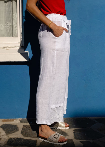 Lino 100% Linen Pants in White Broderie