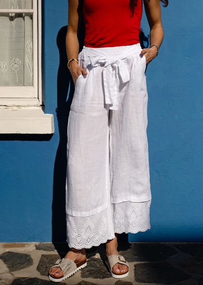 Lino 100% Linen Pants in White Broderie
