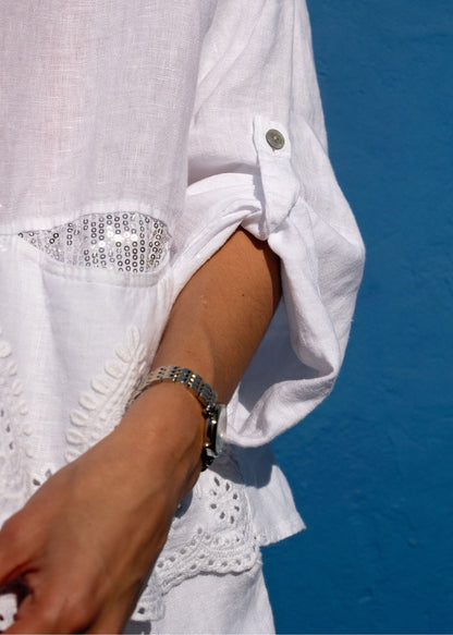 Lino 100% Linen Hoodie Jacket in White Broderie