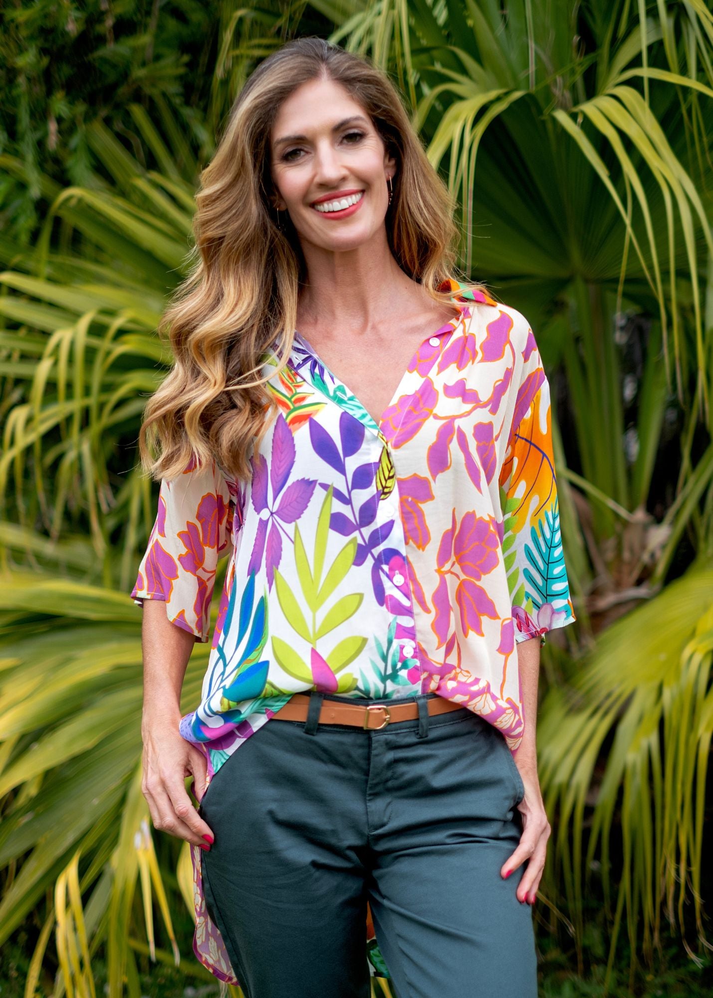 Molly Button down blouse in Rainbow Leaves