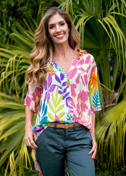 Molly Button down blouse in Rainbow Leaves