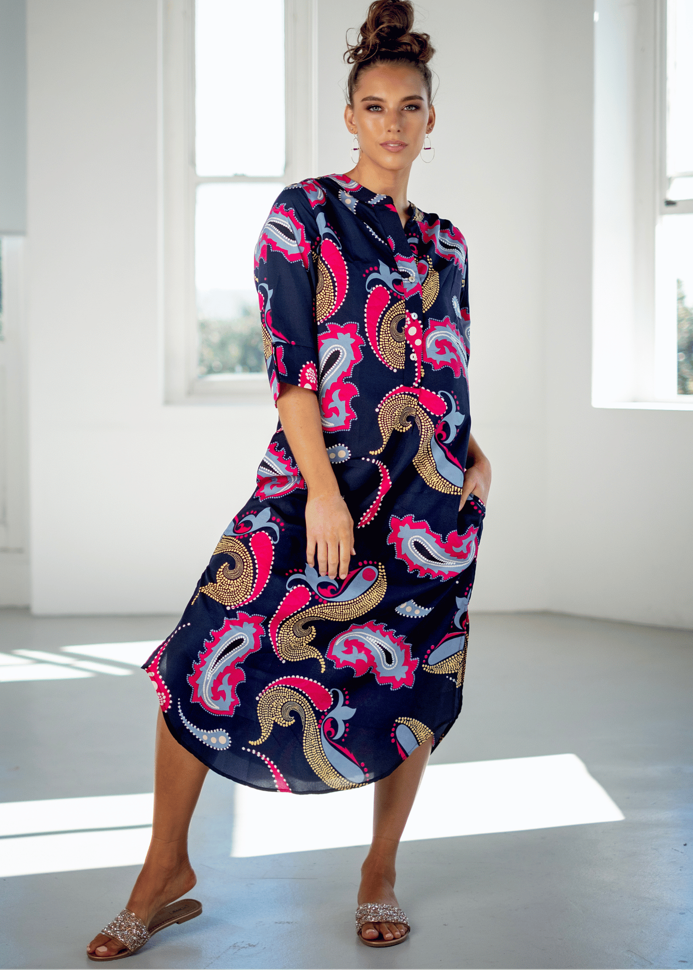 Fergie Cuffed Sleeve  Dress,  Navy Bold Paisley