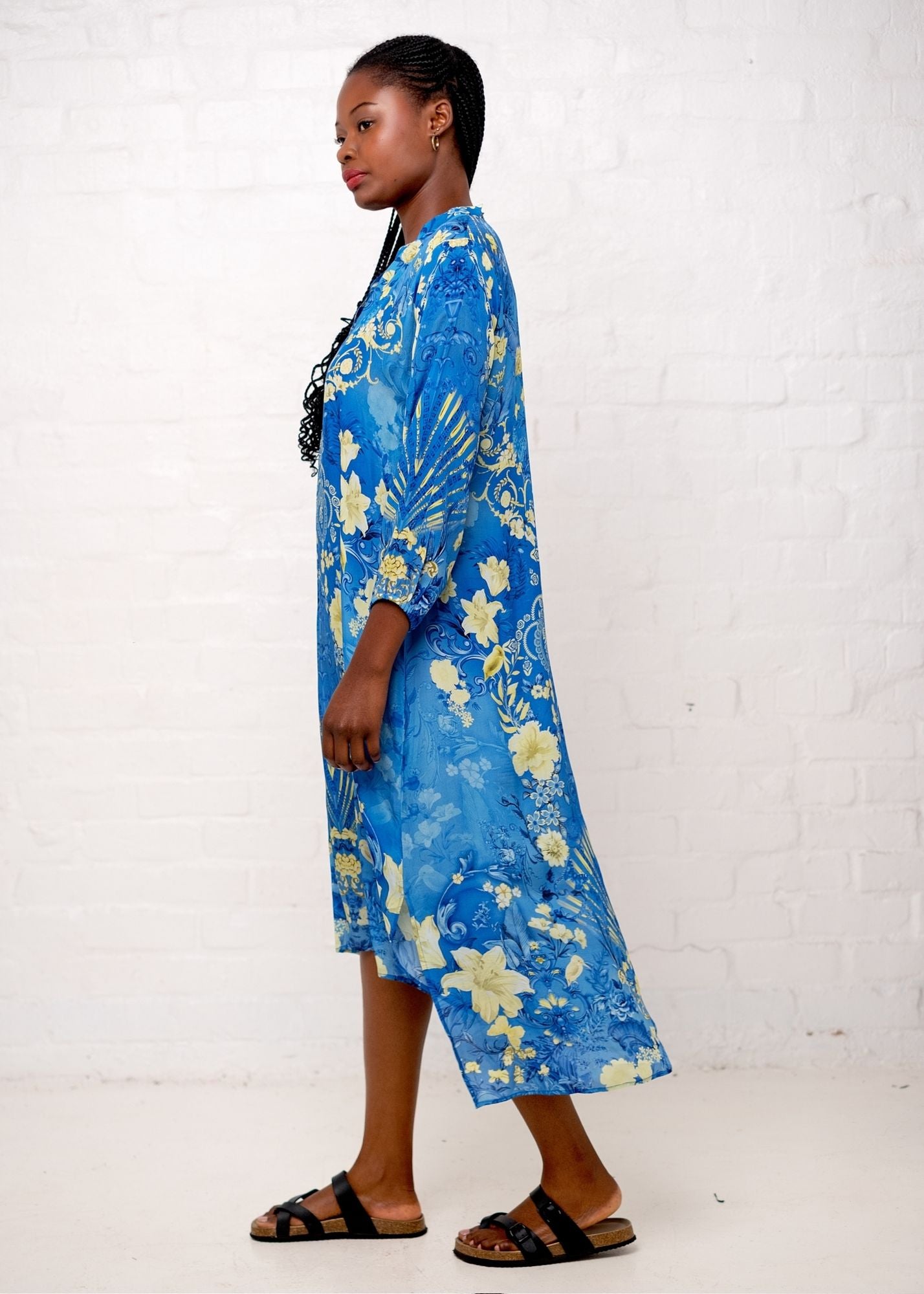 Carli Dress in Blue With Butter Yellow Flower