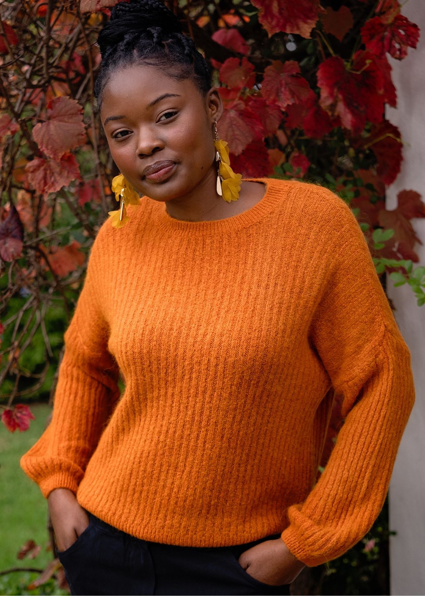 Ribbed Knit Jumper with Bubble Sleeves in Orange Rust