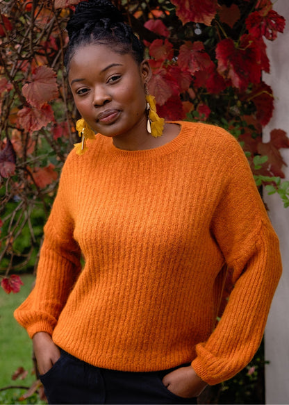 Ribbed Knit Jumper with Bubble Sleeves in Orange Rust