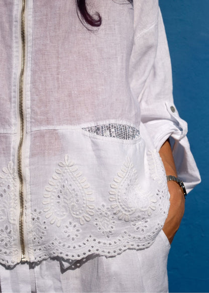 Lino 100% Linen Hoodie Jacket in White Broderie