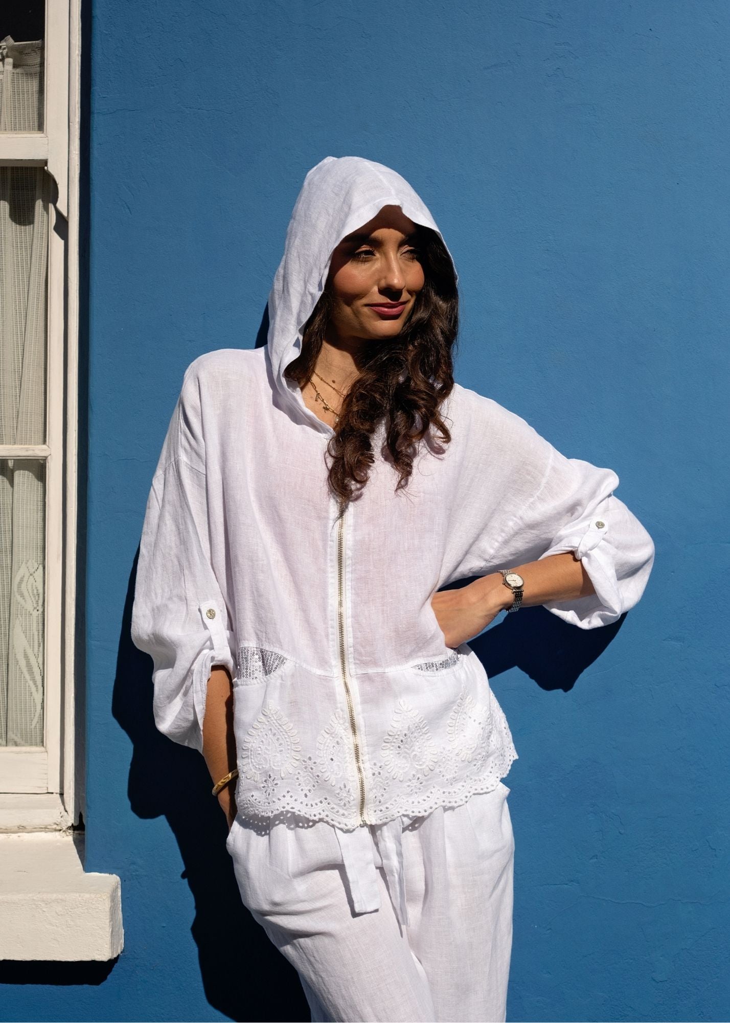 Lino 100% Linen Hoodie Jacket in White Broderie