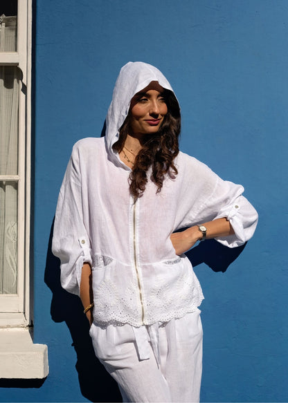 Lino 100% Linen Hoodie Jacket in White Broderie