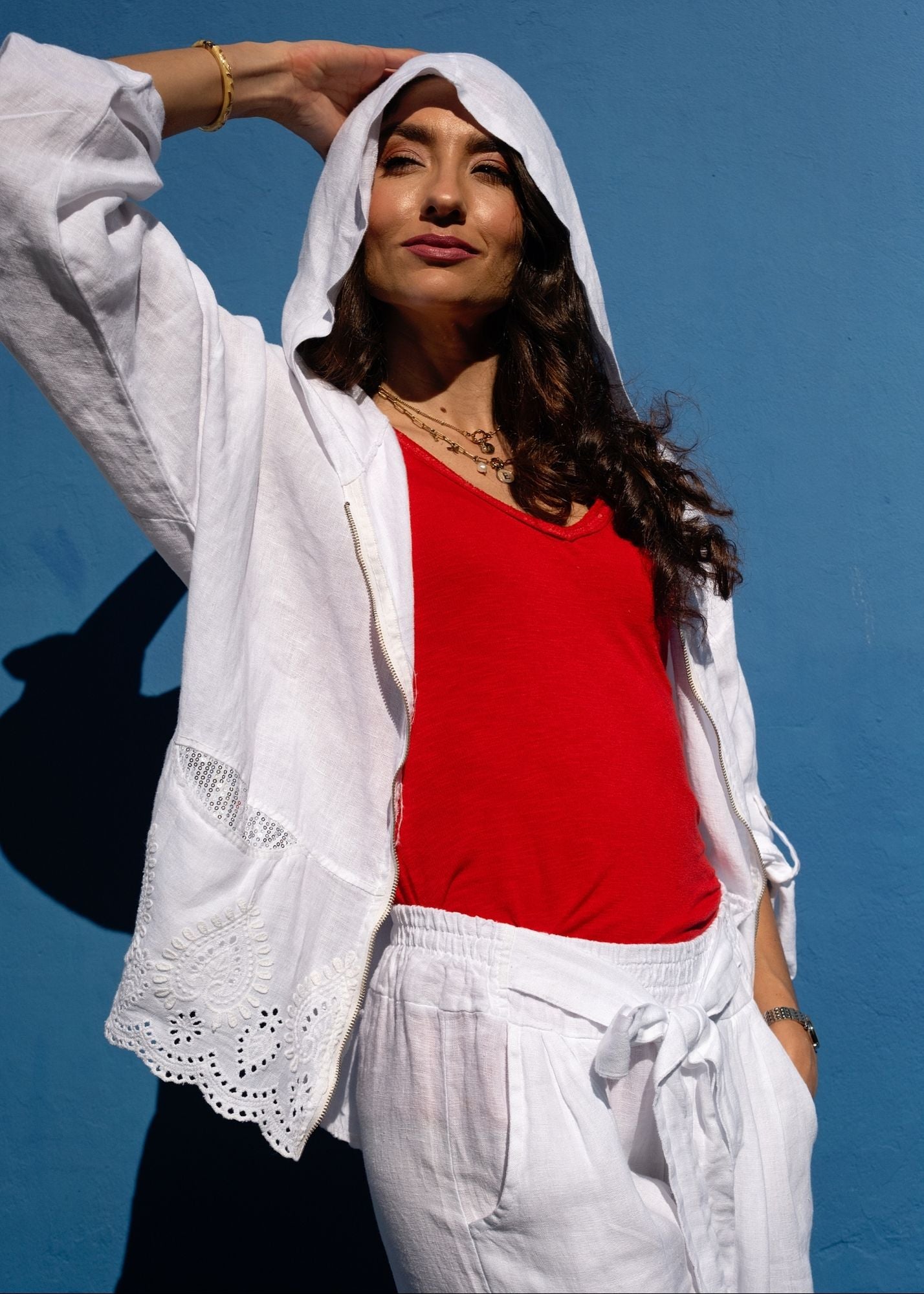 Lino 100% Linen Hoodie Jacket in White Broderie