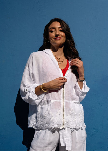 Lino 100% Linen Hoodie Jacket in White Broderie