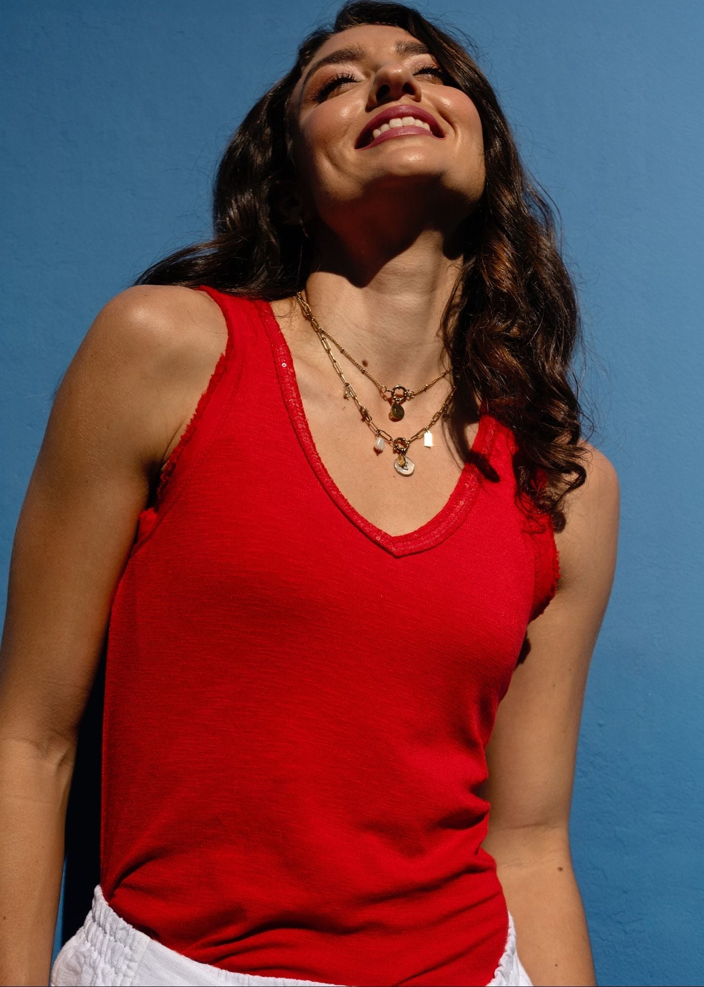 Luno Shimmer Rib Tank Top in Red Sparkle