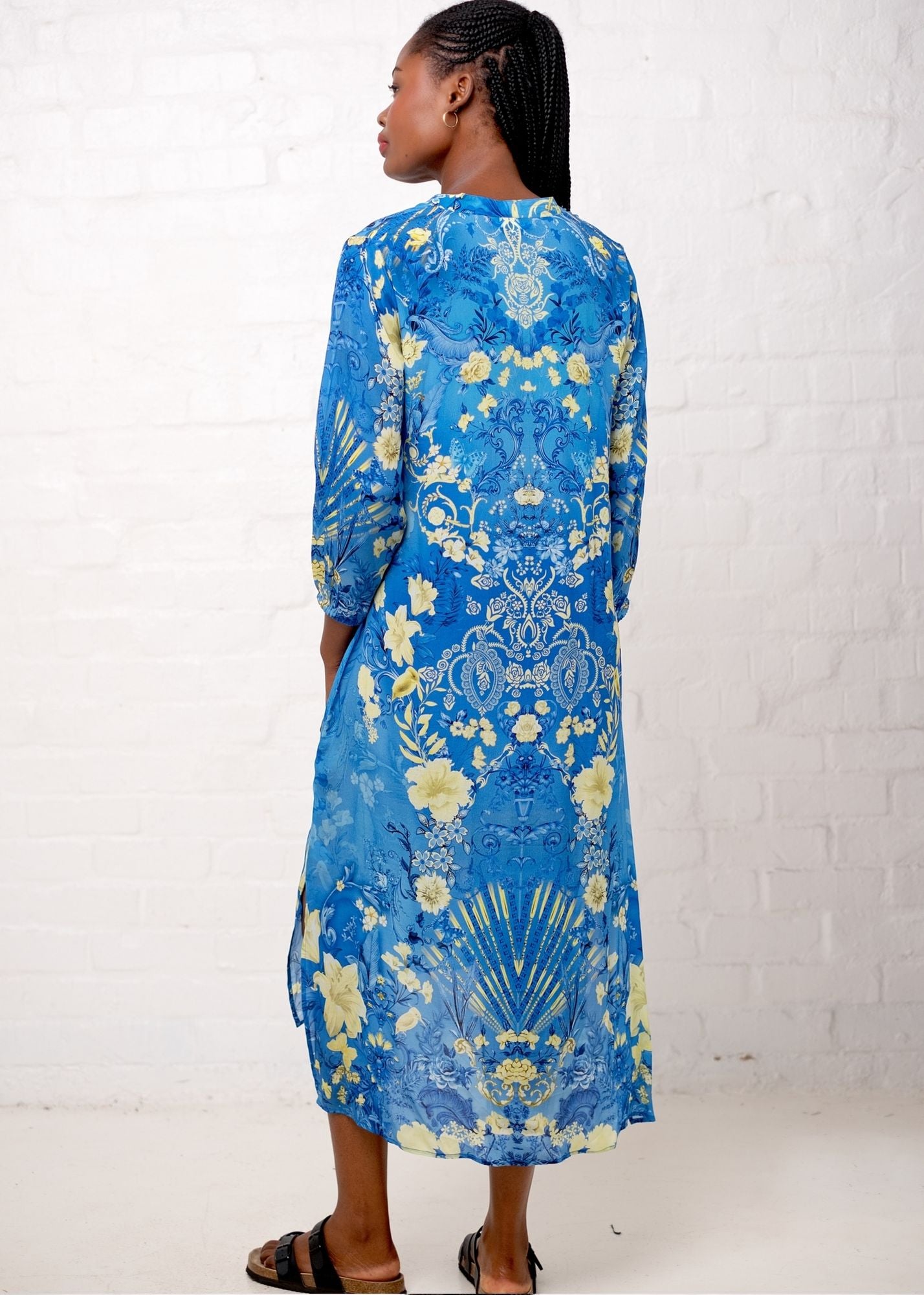 Carli Dress in Blue With Butter Yellow Flower