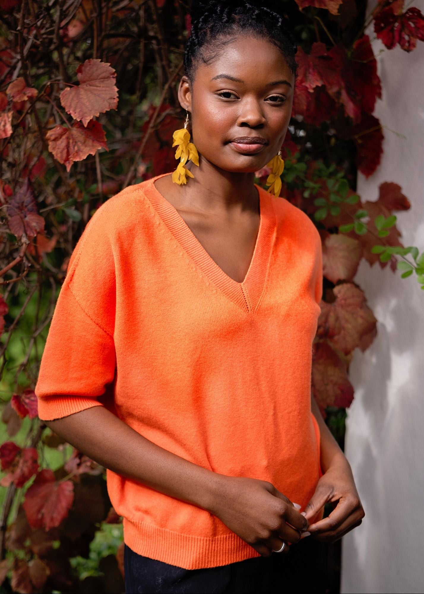 Urban Cozi V-Neck Short Sleeve Knit Top in Orange