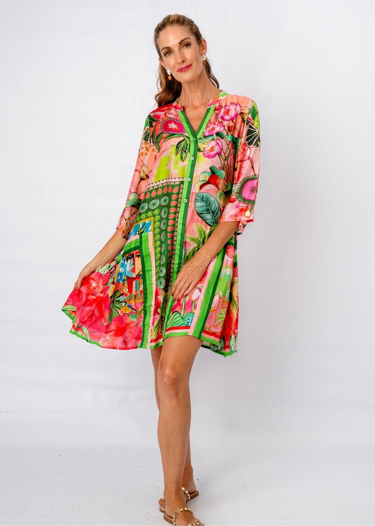 Amalfi Dress in Pink and Green Tropical Island