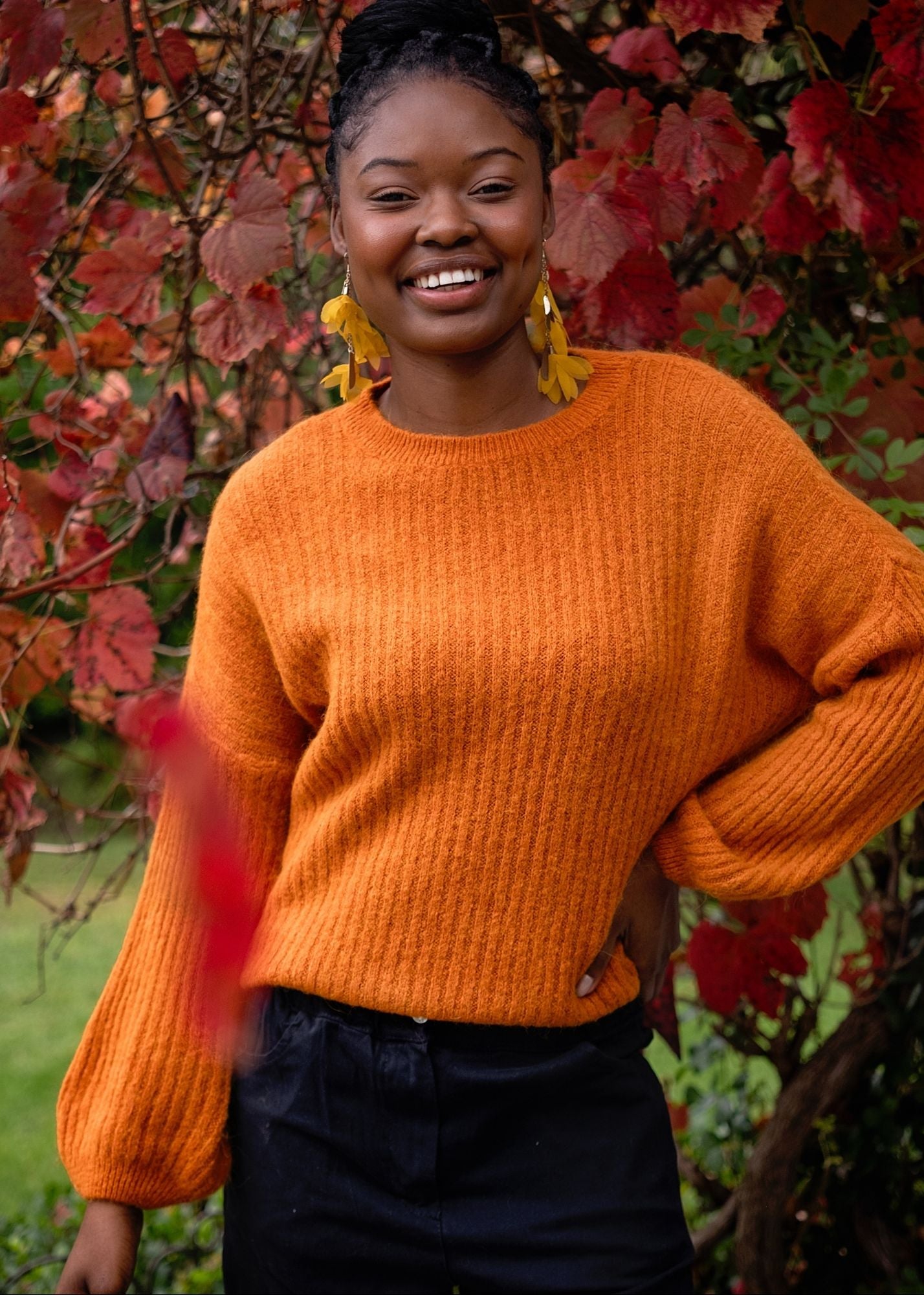 Ribbed Knit Jumper with Bubble Sleeves in Orange Rust