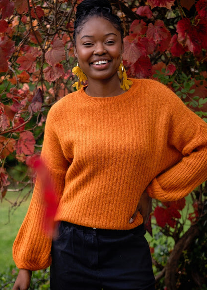 Ribbed Knit Jumper with Bubble Sleeves in Orange Rust