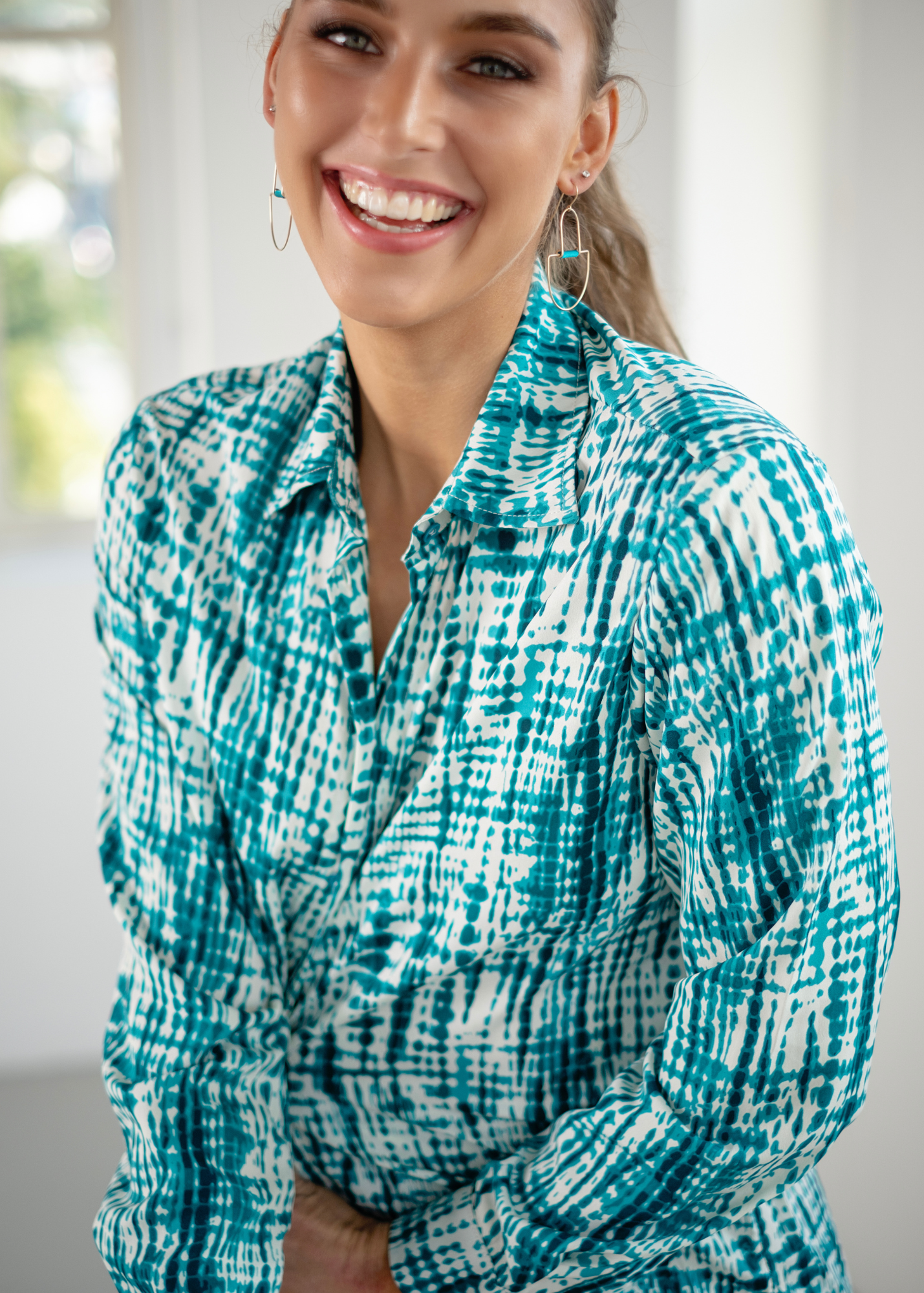 Button Down Blouse, Emerald & white tie dye