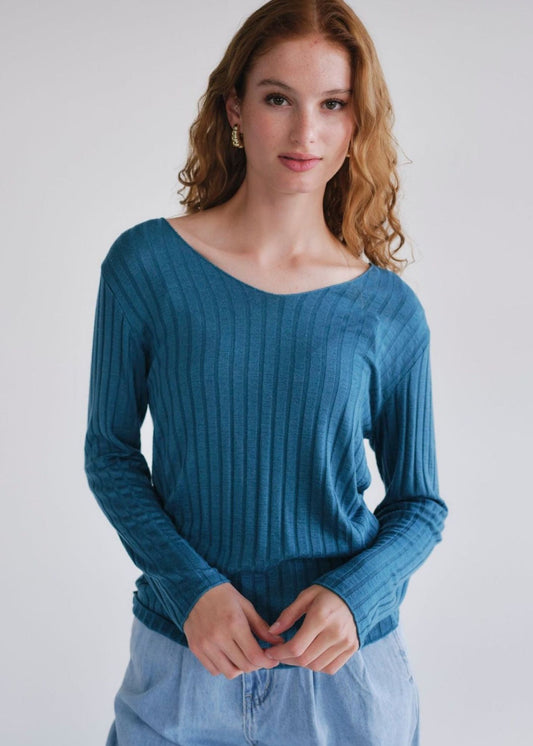 The Mila Ribbed Knit Top in Light Blue