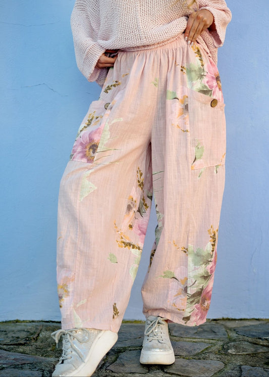 Lino 100% Linen Pants in Heirloom Bloom Peony Blush