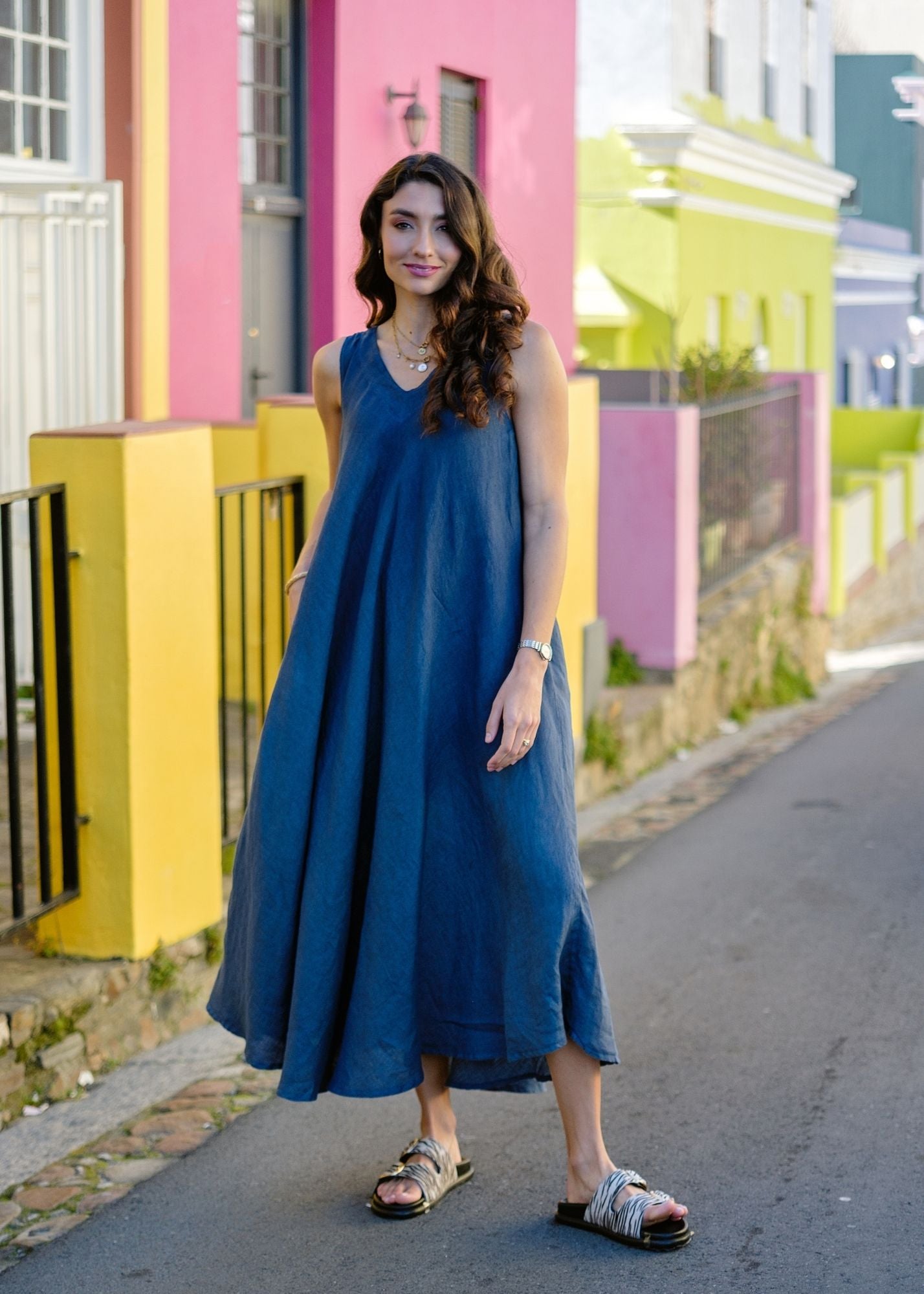 Lino 100% Linen Swing Maxi Dress in Navy