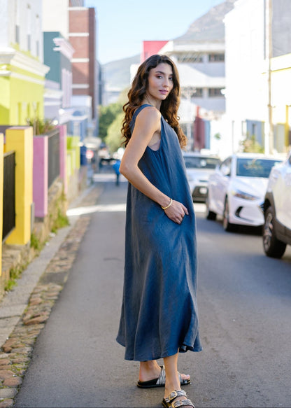 Lino 100% Linen Swing Maxi Dress in Navy