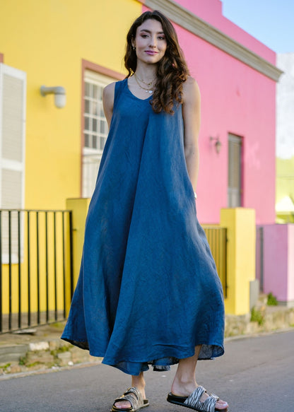 Lino 100% Linen Swing Maxi Dress in Navy