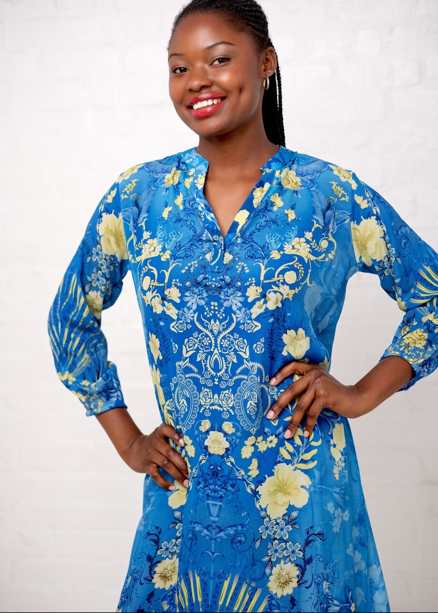 Carli Dress in Blue With Butter Yellow Flower