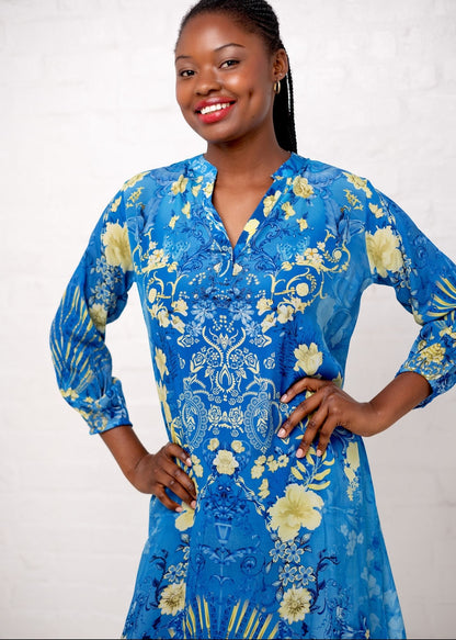 Carli Dress in Blue With Butter Yellow Flower