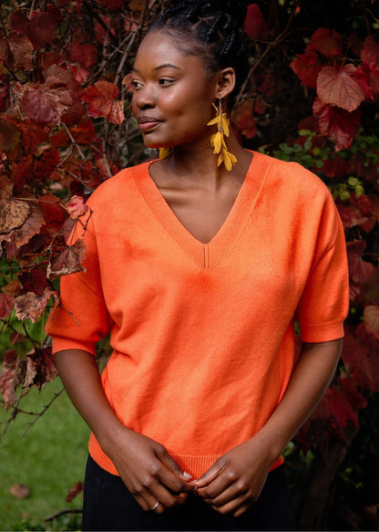 Urban Cozi V-Neck Short Sleeve Knit Top in Orange