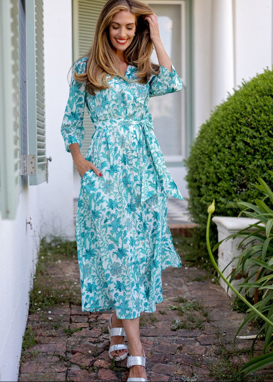 Betty Button dress in Turquoise Tapestry