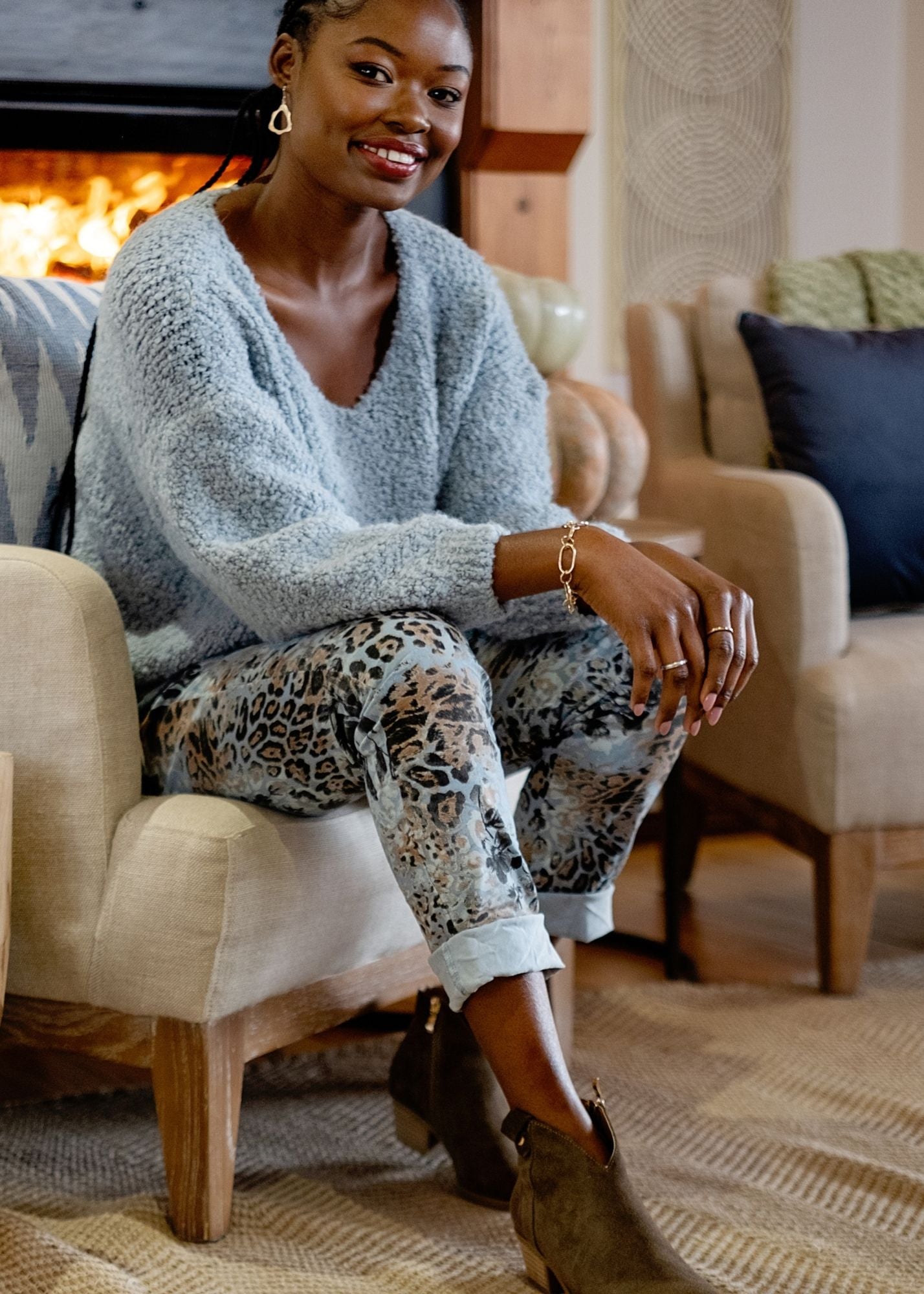 Chunky V-Neck Knit in Light Blue