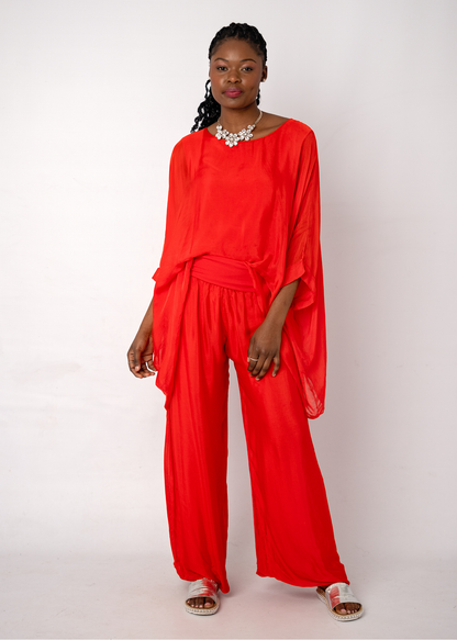 Sophia 100% Silk Flow Pants in Red