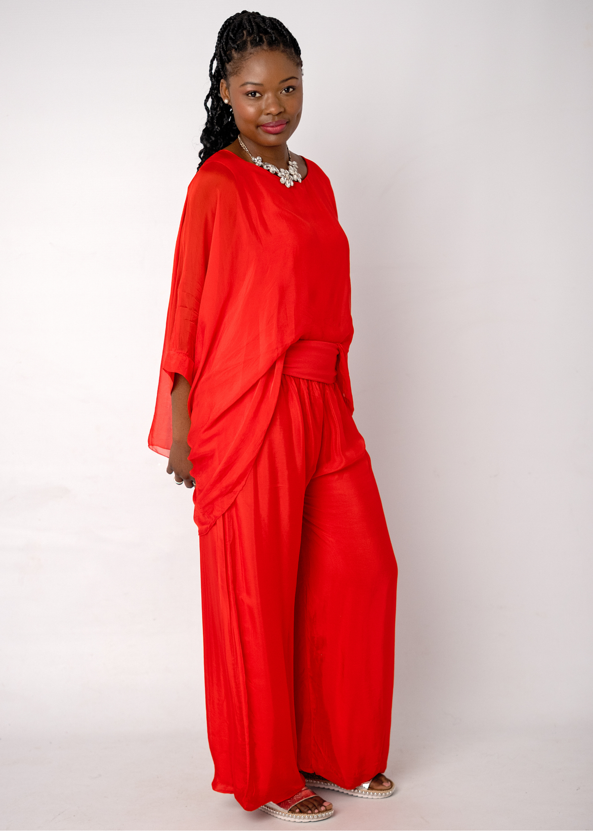 Sophia 100% Silk Flow Pants in Red