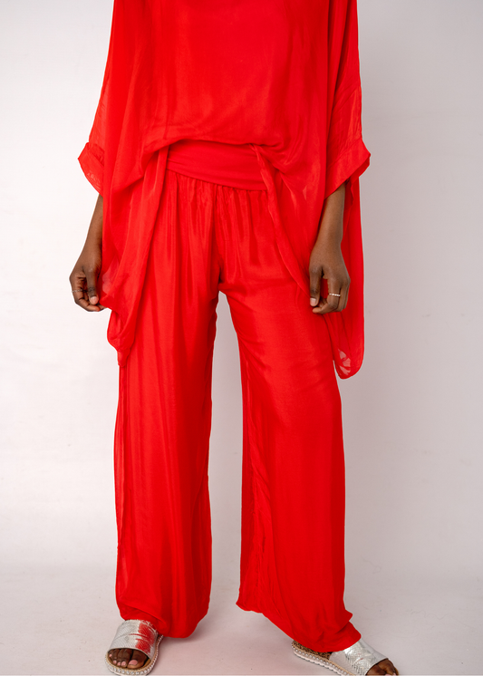 Sophia 100% Silk Flow Pants in Red