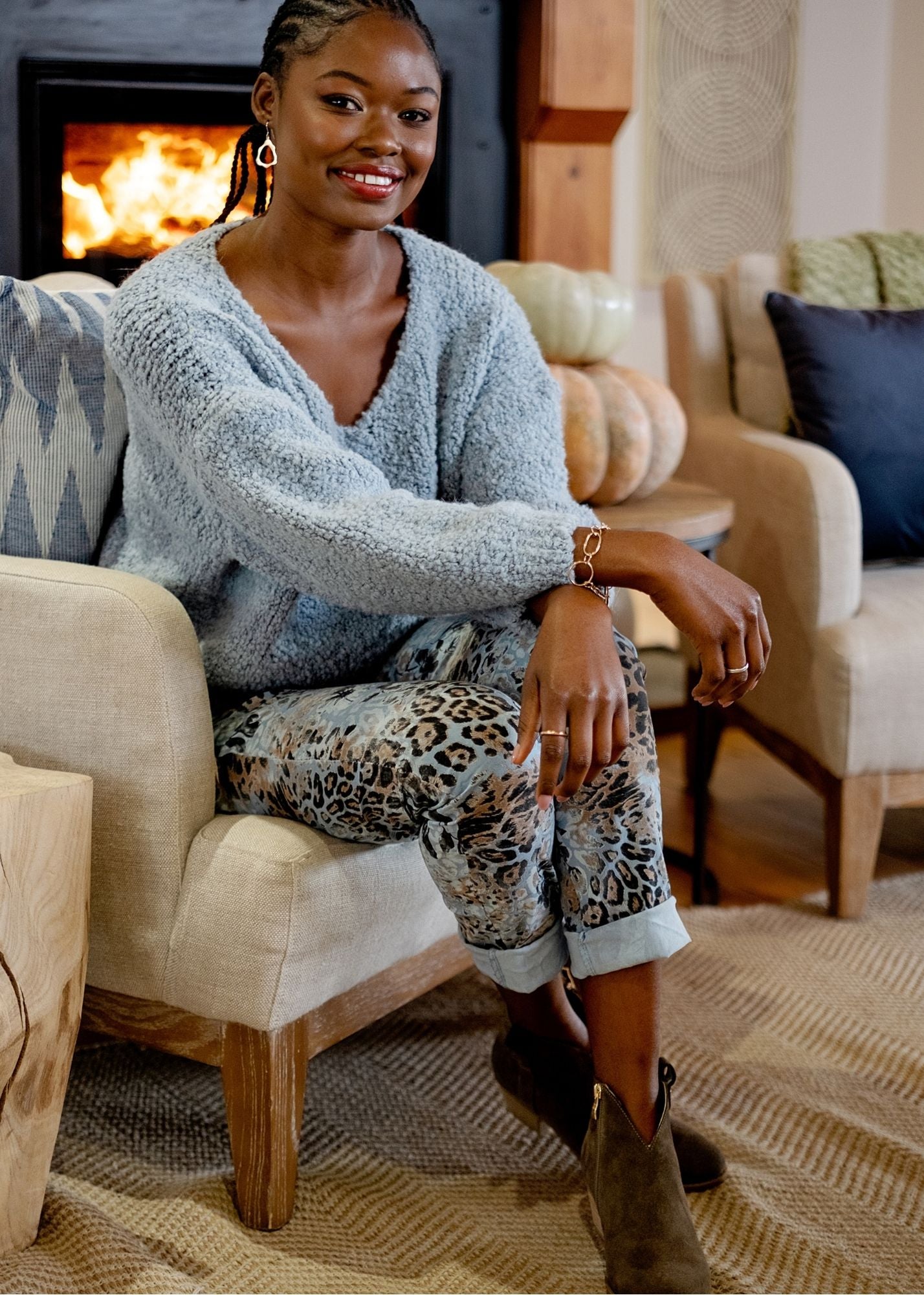 Chunky V-Neck Knit in Light Blue