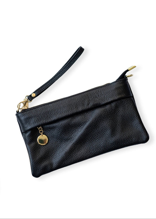 Verona Slim Leather Crossbody Clutch – Black