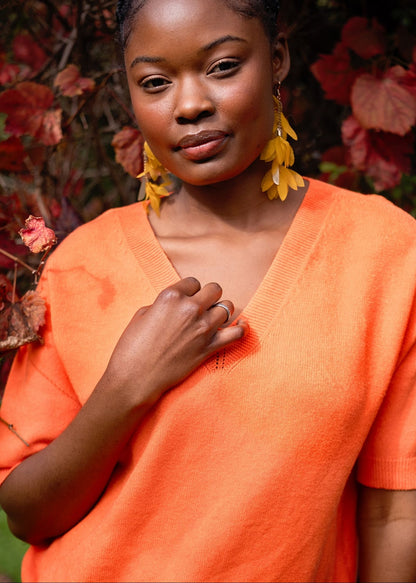 Urban Cozi V-Neck Short Sleeve Knit Top in Orange