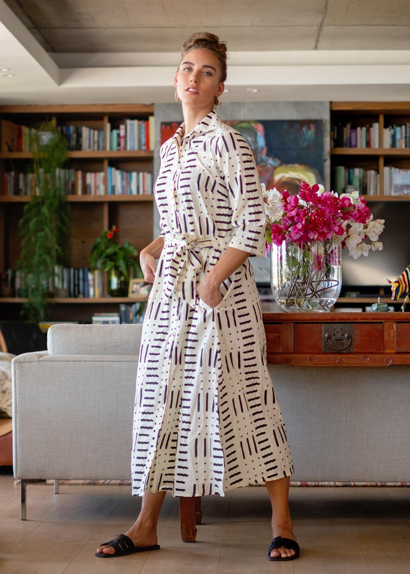 Betty Button dress, Cream and Black Ethnic