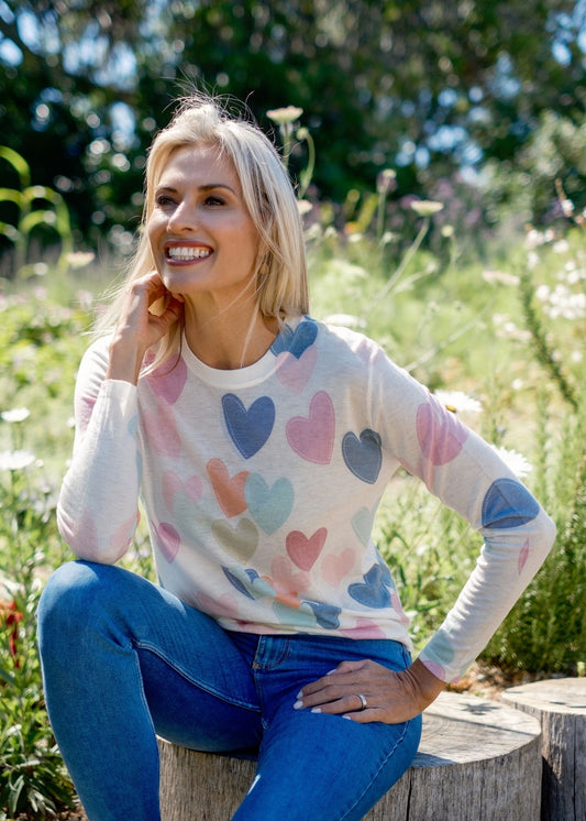 100% Wool Round Neck Long Sleeve Sweater in Rainbow of Hearts