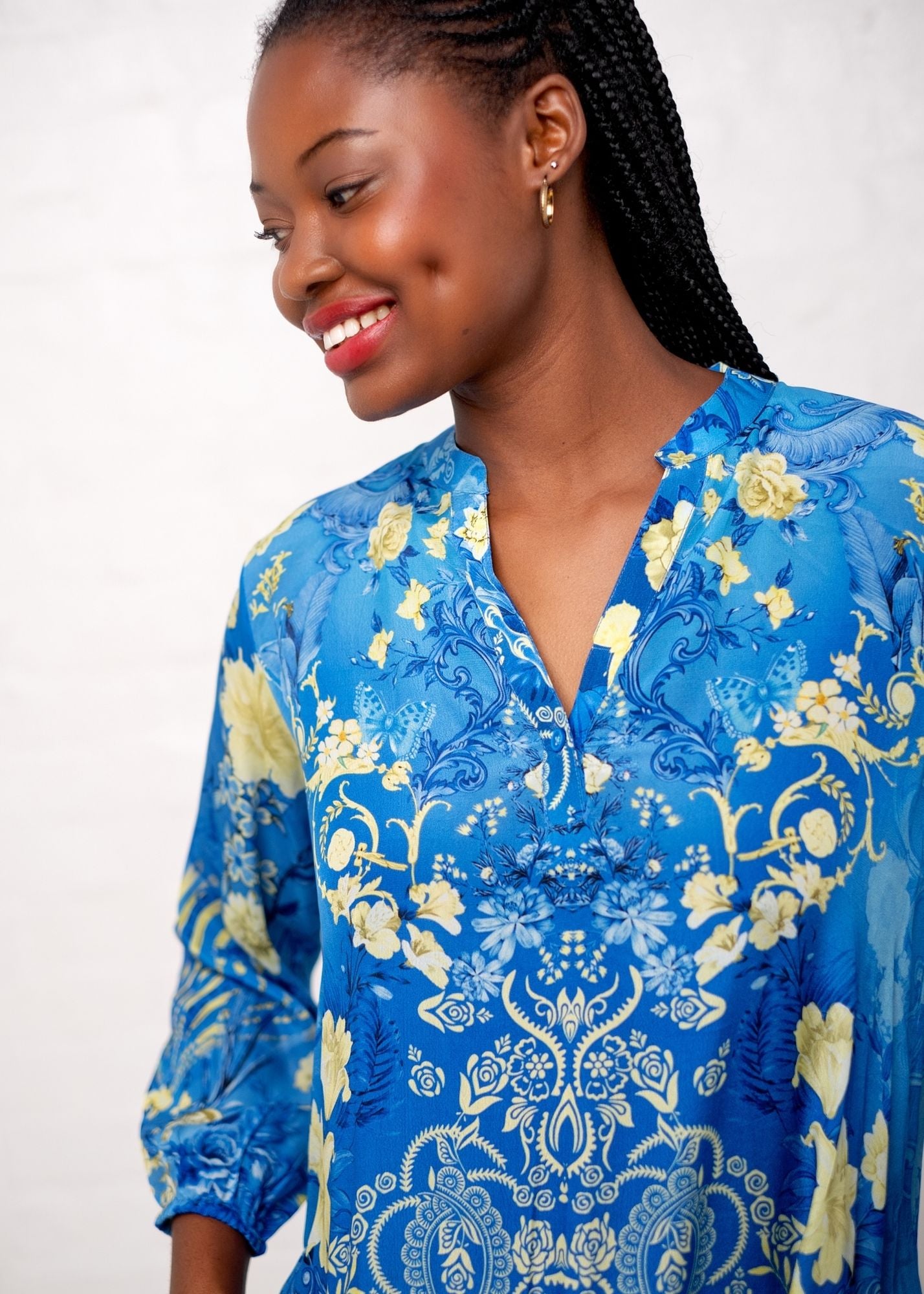 Carli Dress in Blue With Butter Yellow Flower