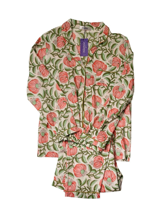 Long PJ Set in Coral and Green Flowers