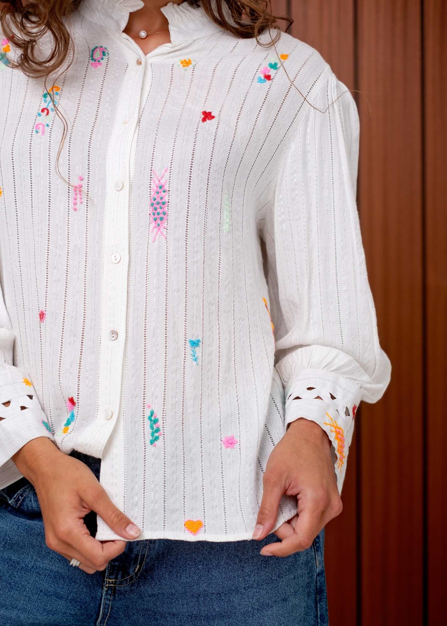 The Lily  Button-Down Shirt in White with Colourful Embroidery and Cut out Cuff Detail