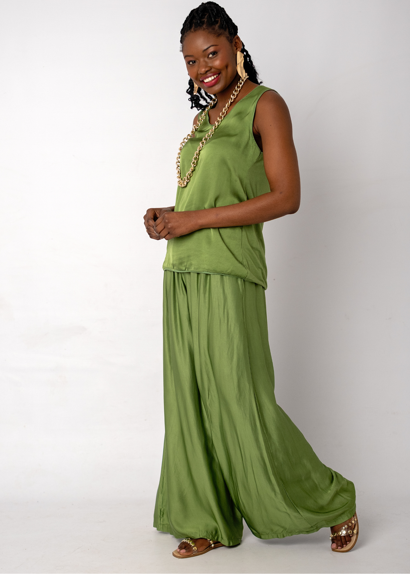 Mila Viscose Silk Blend Pants set in Chartreuse