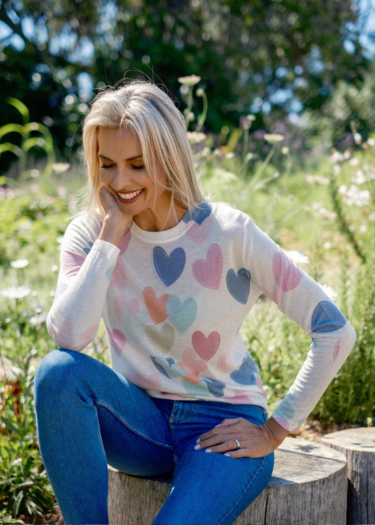 100% Wool Round Neck Long Sleeve Sweater in Rainbow of Hearts