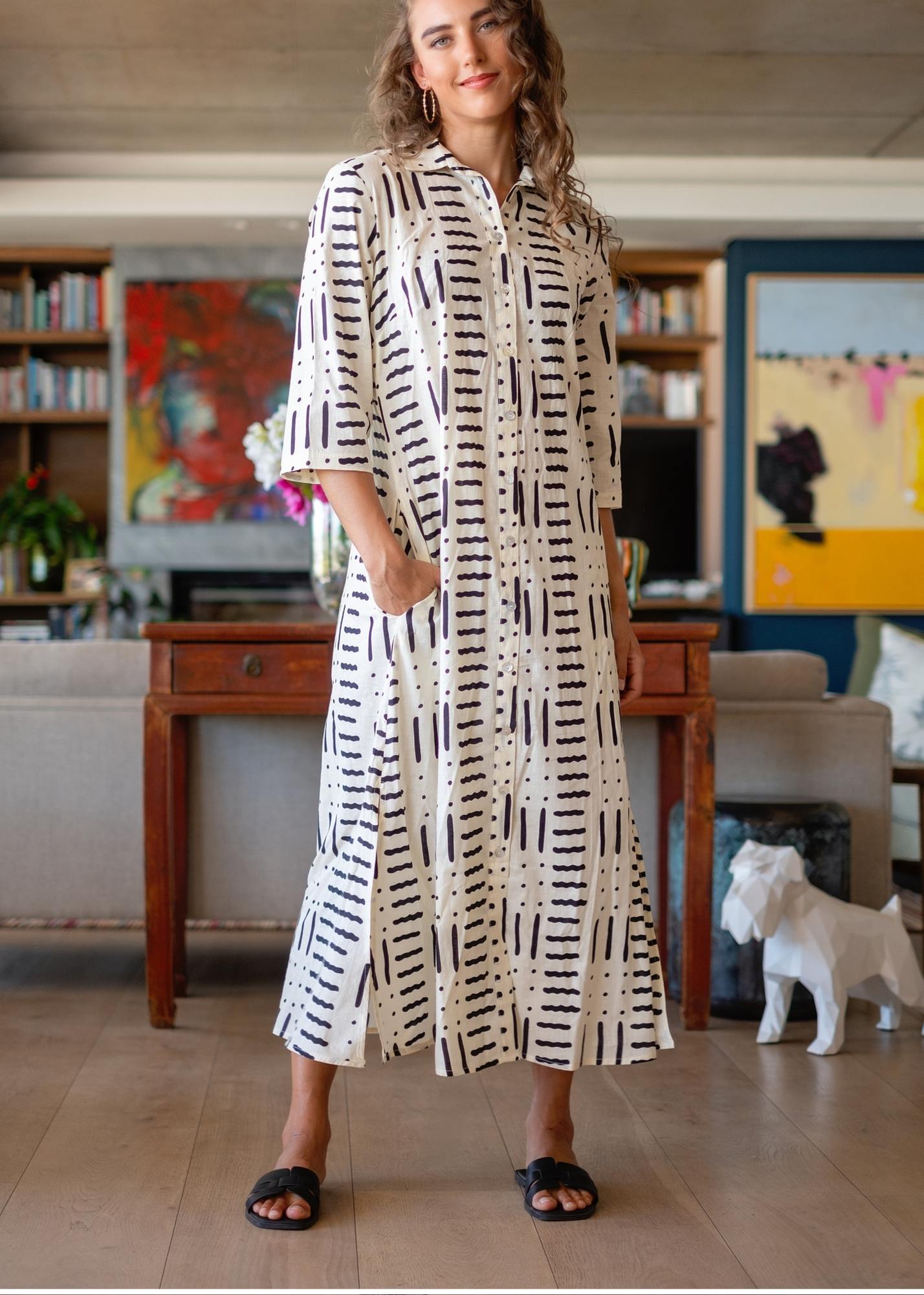 Betty Button dress, Cream and Black Ethnic