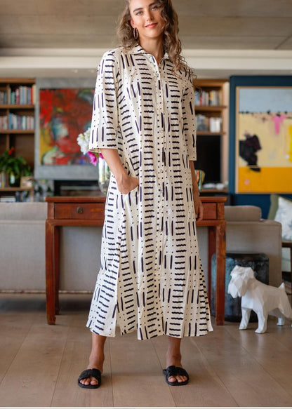 Betty Button dress, Cream and Black Ethnic