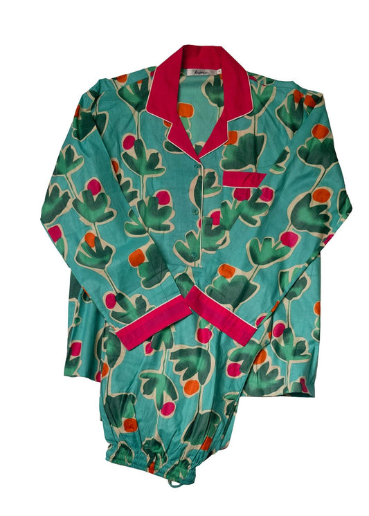 Long PJ Set in Turquoise Floral with Pink Contrast