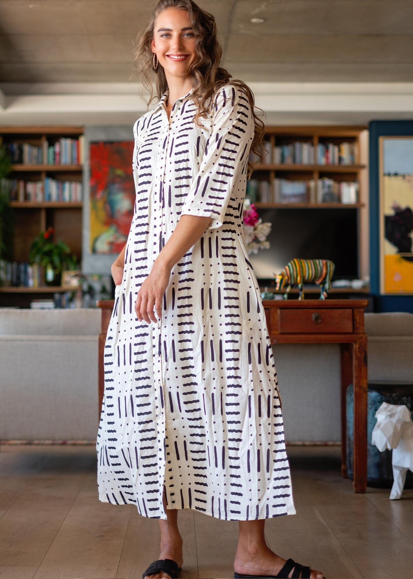 Betty Button dress, Cream and Black Ethnic