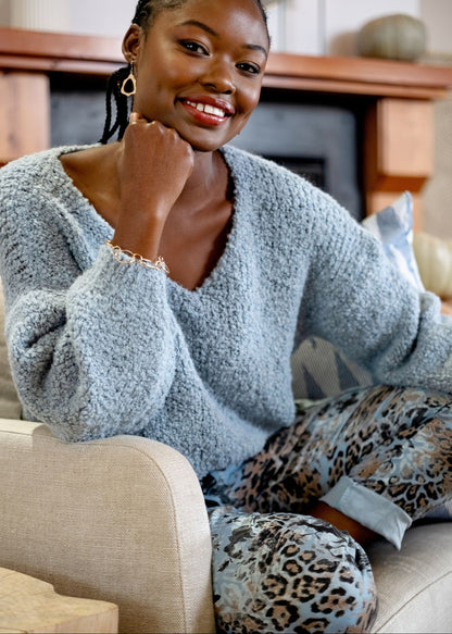 Chunky V-Neck Knit in Light Blue